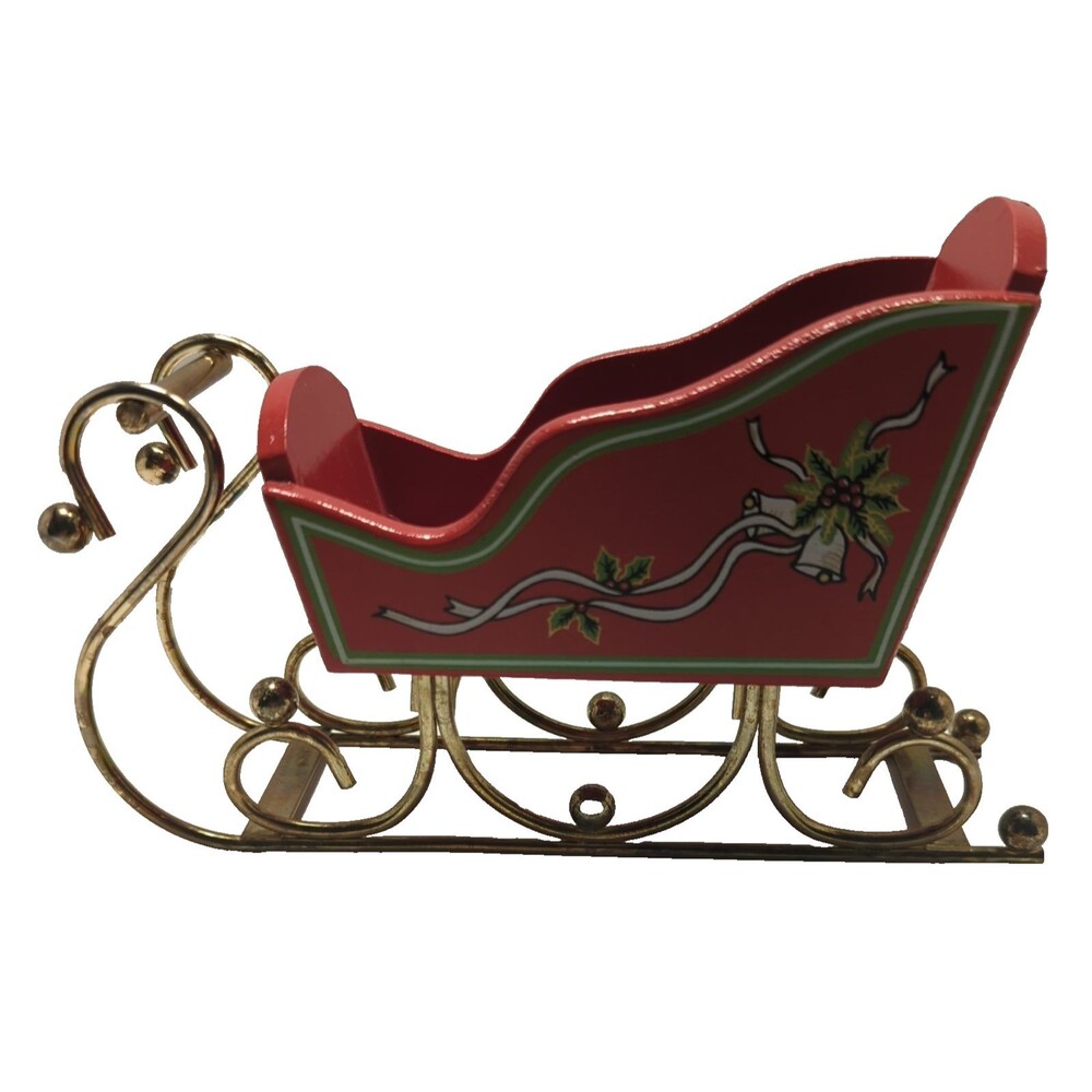 Vintage Enesco Red Wooden Sleigh, Shelf Sitter Or Table Topper